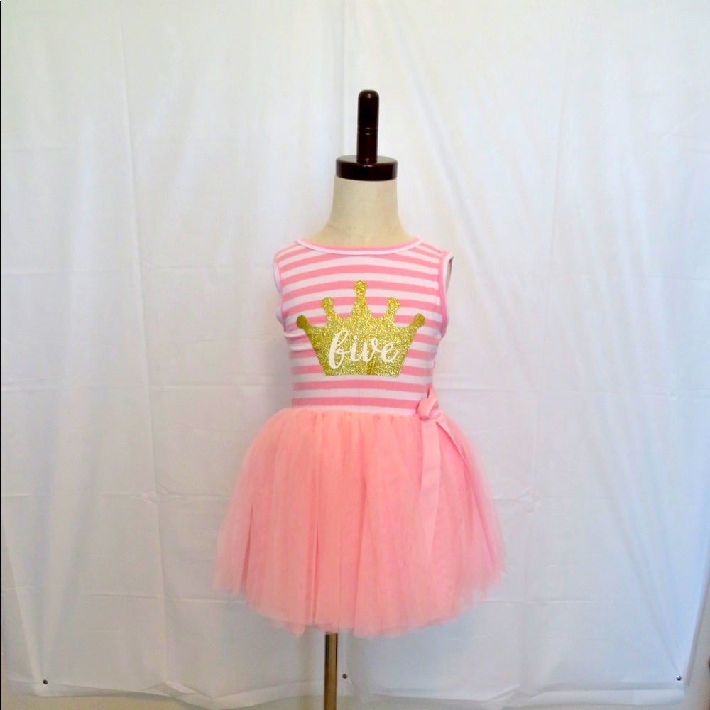 Pink and white striped fifth birthday dress
